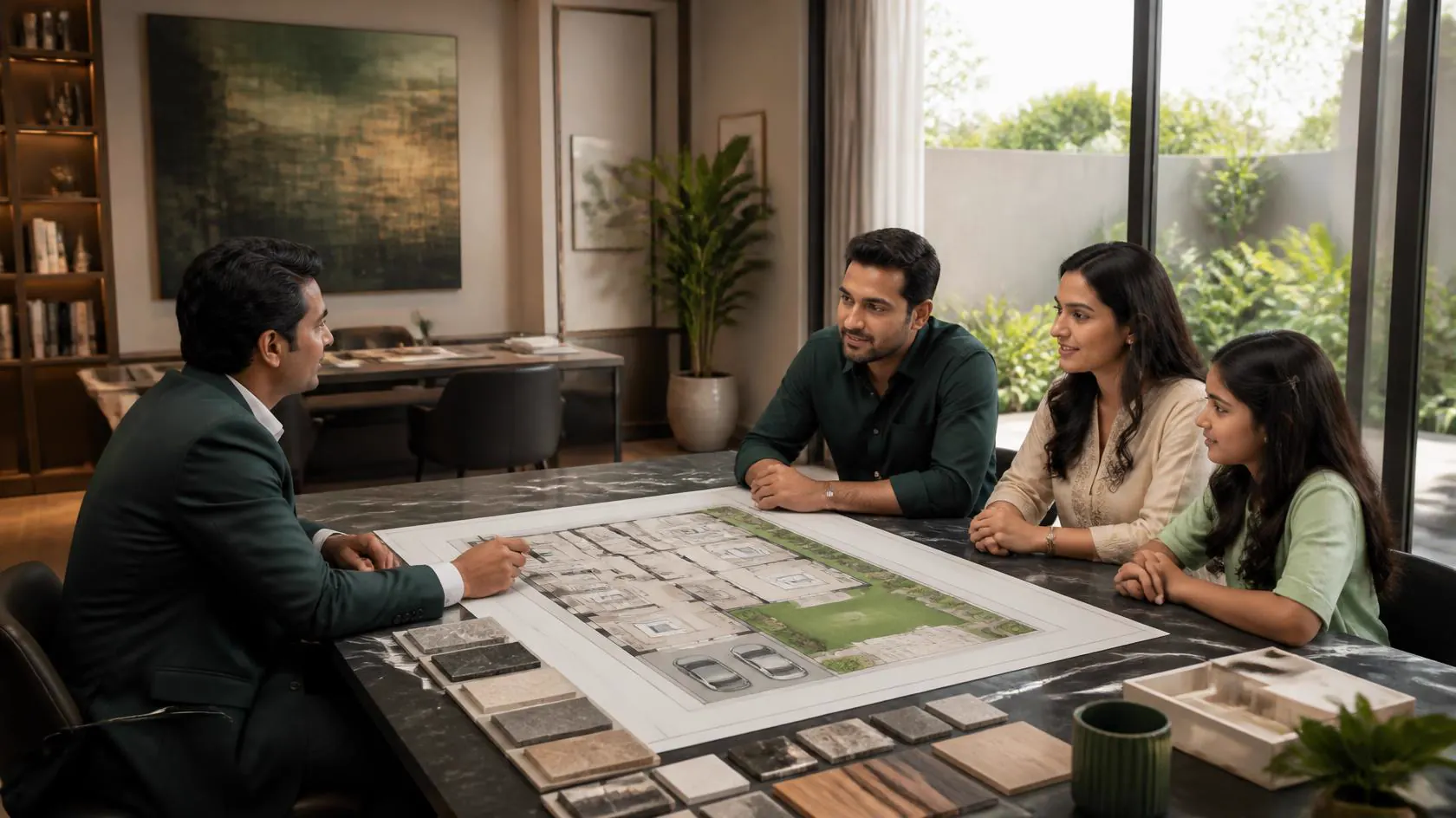 Real estate professionals discussing a property plan