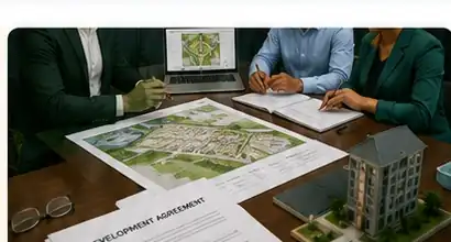 Real estate team reviewing a plotted development layout