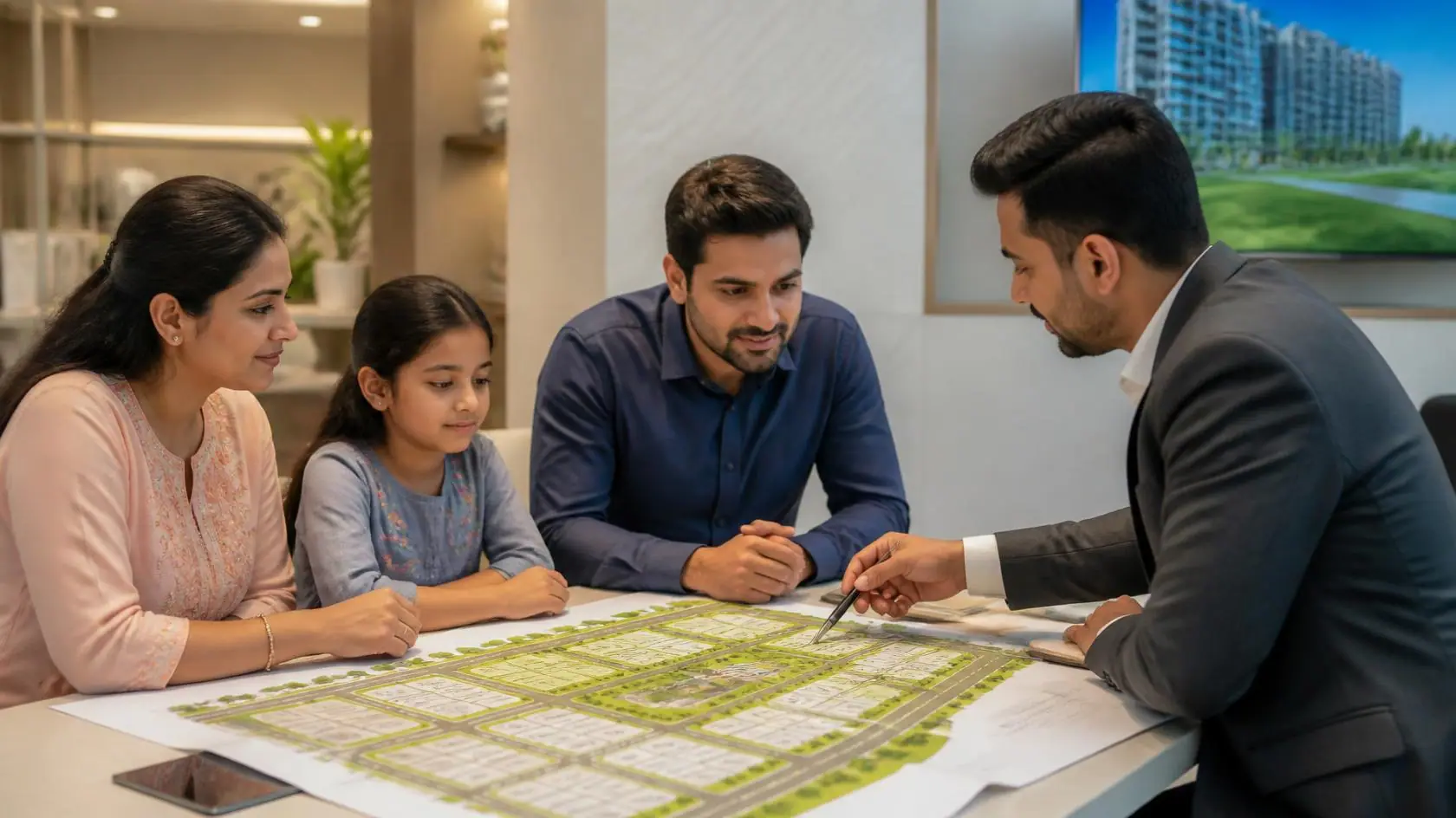 Indian family and property advisor understanding a residential plot layout map