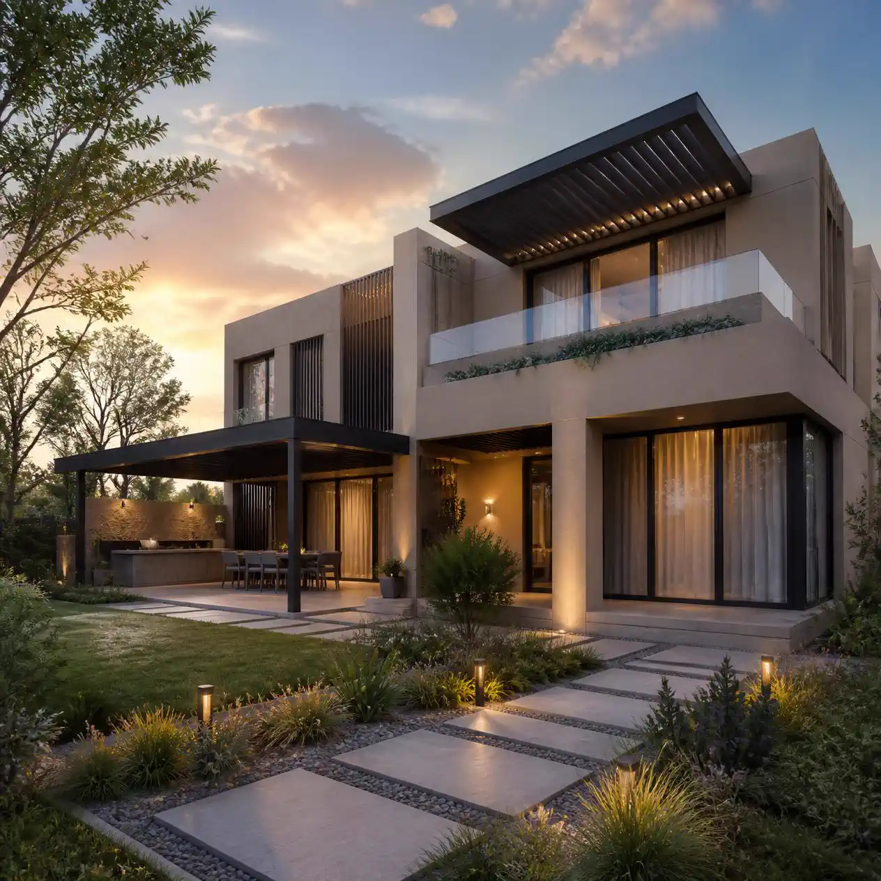 West-facing modern home using natural light shading and landscaping